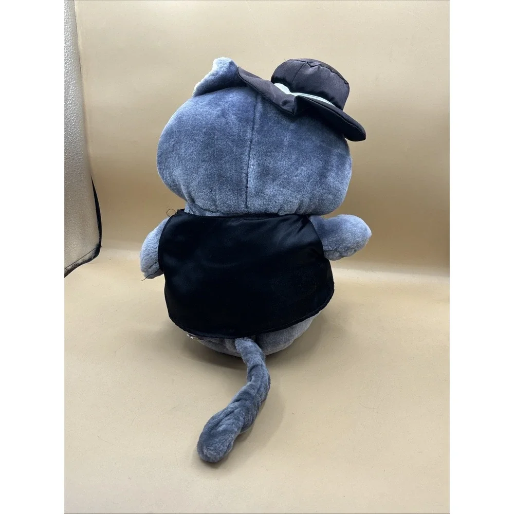 Vintage Gray Cat Plush With Black Bowtie Sad Eyes Purple Eyelids Stuffed Animal